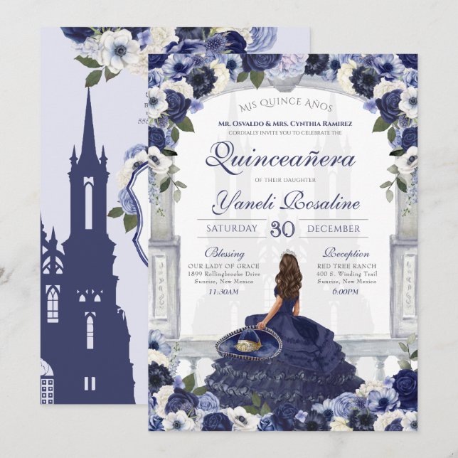 Blue Floral Elegante Charro Princess Quinceanera Einladung (Vorne/Hinten)