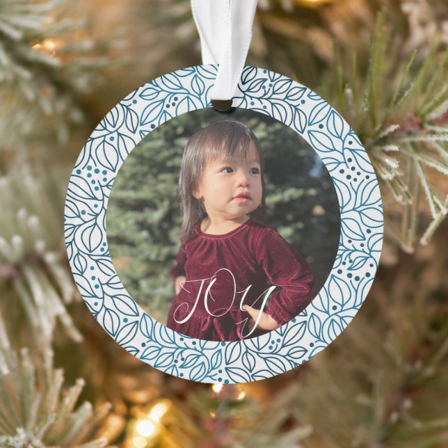Blue Floral Elegante Weihnachten Custom Foto Name Ornament (Baum)