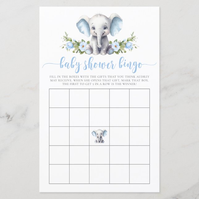Blue Floral Elephant Baby Bingo Showspiel (Vorderseite)