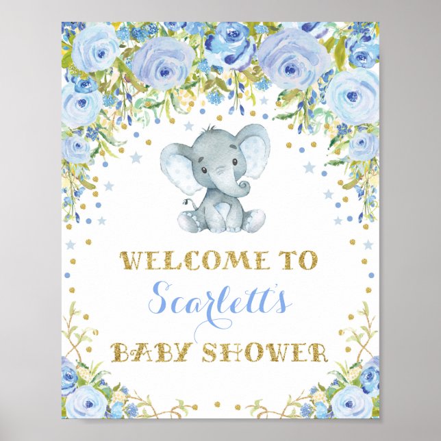 Blue Floral Elephant Baby Boy Dusche Begrüßungszei Poster (Vorne)
