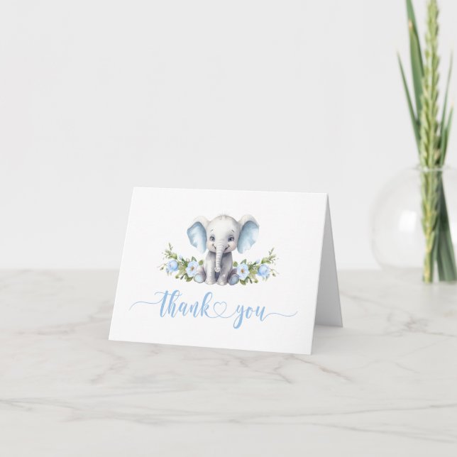Blue Floral Elephant Baby Boy Dusche Dankeskarte (Vorderseite)