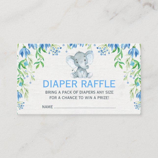 Blue Floral Elephant Baby Diaper Raffle Ticket Begleitkarte (Vorderseite)