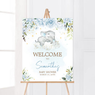 Blue Floral Elephant Baby Dusche Willkommen Poster