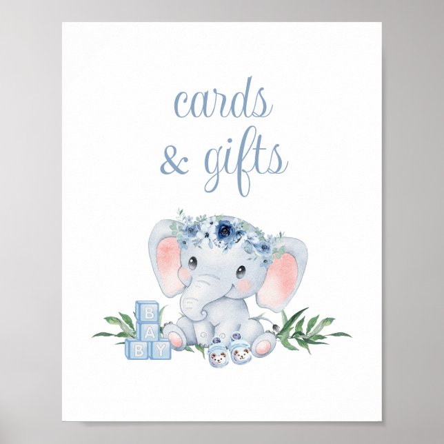 Blue Floral Elephant Baby Duschkarten und Geschenk Poster (Vorne)