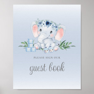 Blue Floral Elephant Baby Shooting Guest Book Sign Poster