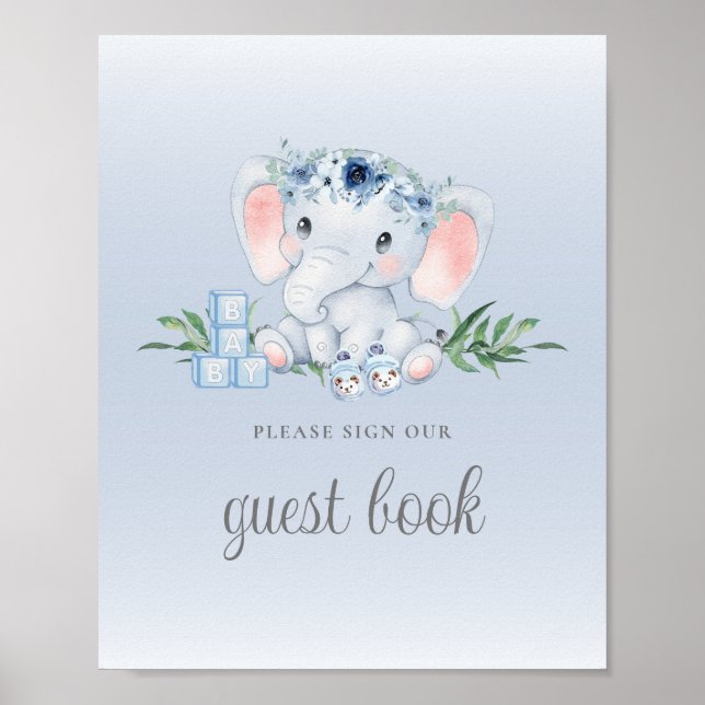 Blue Floral Elephant Baby Shooting Guest Book Sign Poster (Vorne)