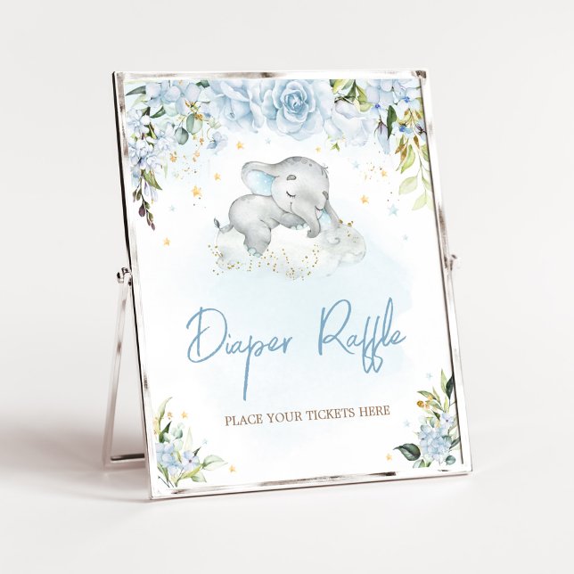 Blue Floral Elephant Babydusche Windelwanne Windel Poster (Blue Floral Sleeping Elephant Baby Shower Diaper Raffle Sign)