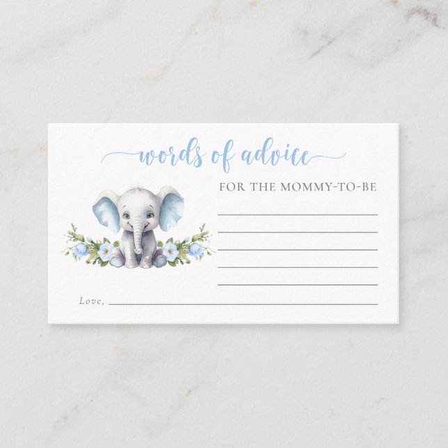 Blue Floral Elephant Babydusche Worte der Beratung Begleitkarte (Vorderseite)