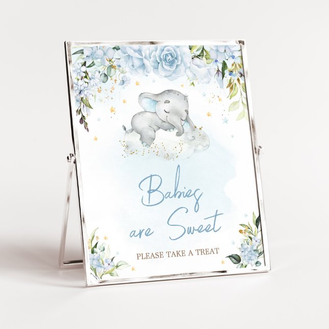Blue Floral Elephant Babys sind süß Poster (Blue Floral Sleeping Elephant Baby Shower Babies are Sweet Sign)