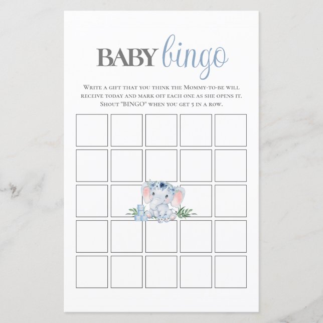 Blue Floral Elephant Bingo Baby Showspiel (Vorderseite)