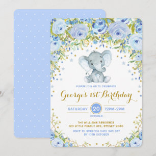 Blue Floral Elephant Boy 1. Geburtstag Party Einladung
