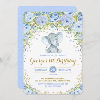 Blue Floral Elephant Boy 1. Geburtstag Party Einladung
