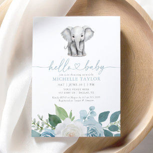 Blue Floral Elephant Boy Baby Dusche Einladung