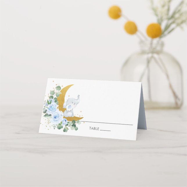 Blue Floral Elephant Crescent Moon Gast Name Platzkarte (Vorderseite)