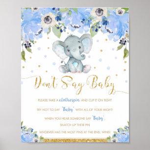 Blue Floral Elephant Say Baby Shower Game Poster