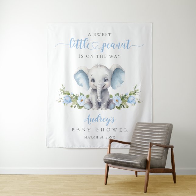Blue Floral Elephant Watercolor Babydusche Wandteppich (Beispiel)