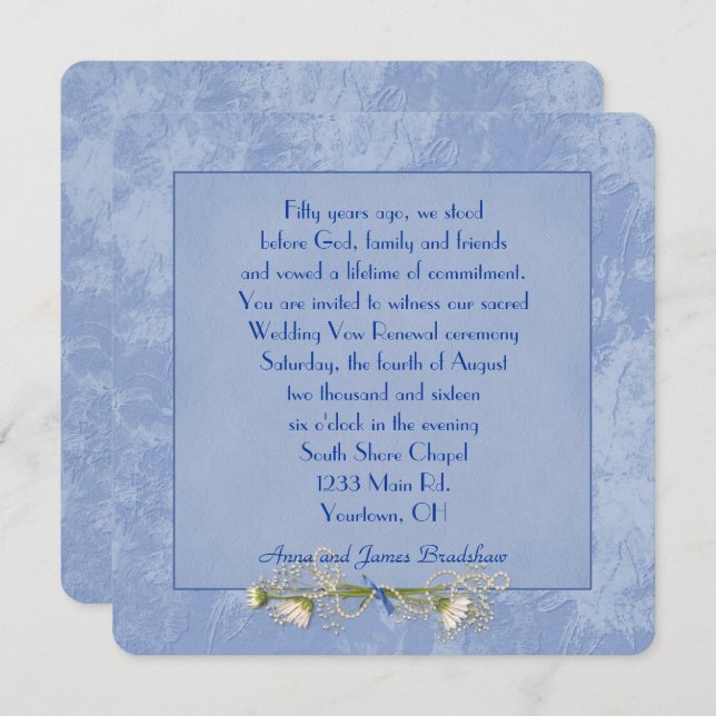 Blue Floral Embossed Wedding Vow Erneuerung Einladung (Vorne/Hinten)