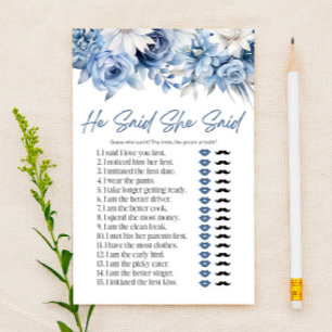 Blue Floral Er sagte, sie sagte Brautparty Game Briefpapier