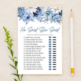 Blue Floral Er sagte, sie sagte Brautparty Game Briefpapier
