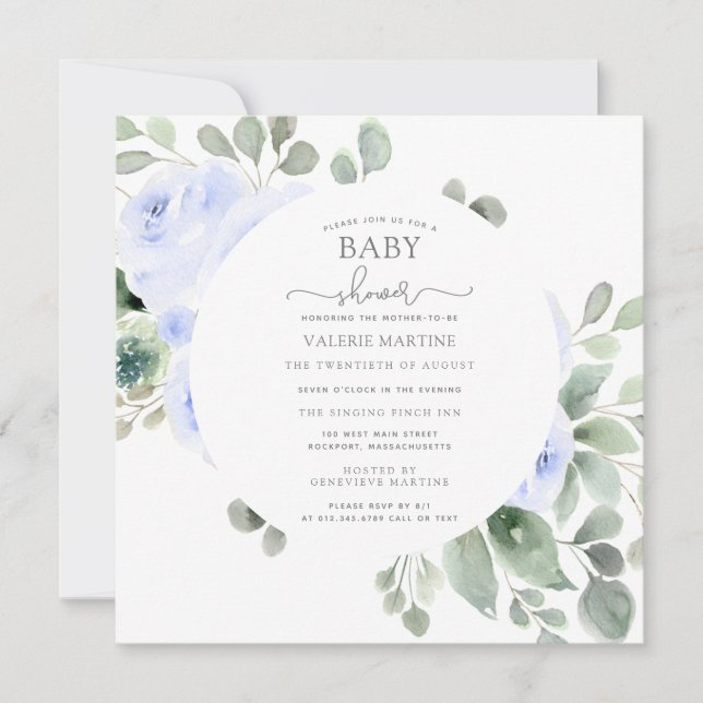 Blue Floral Eucalyptus Botanical Baby Dusche Einladung (Vorderseite)