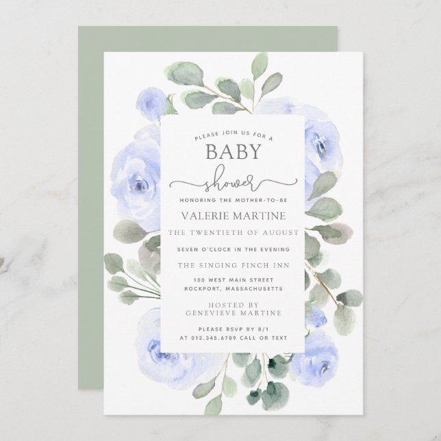 Blue Floral Eucalyptus Botanical Baby Dusche Einladung (Vorne/Hinten)
