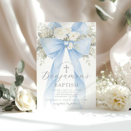 Blue Floral Eucalyptus Bow Boy Baptism Einladung