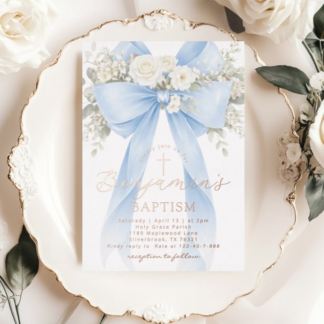 Blue Floral Eucalyptus Bow Boy Baptism Folieneinladung (Von Creator hochgeladen)