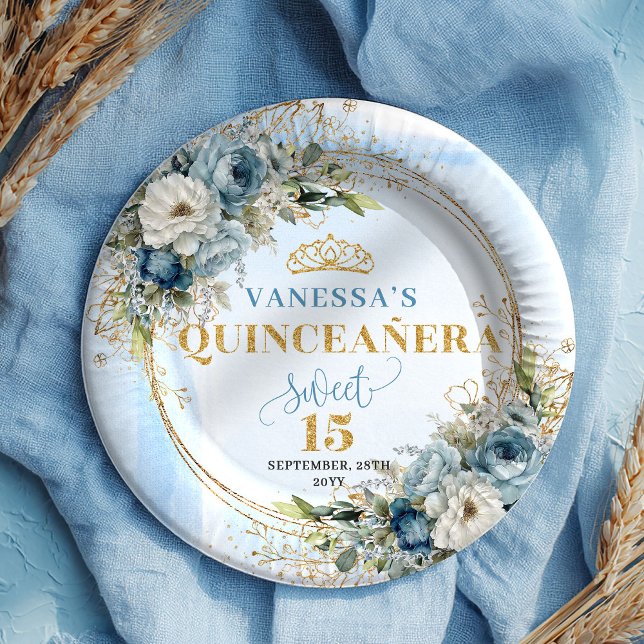 Blue Floral Eucalyptus Gold Custom Quinceañera  Pappteller (Blue Floral Eucalyptus Gold Custom Quinceañera Plates)