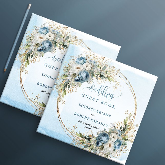 Blue Floral Eucalyptus Gold Wedding Sign In Book Gästebuch (Blue Floral Eucalyptus Gold Wedding Sign In Book)