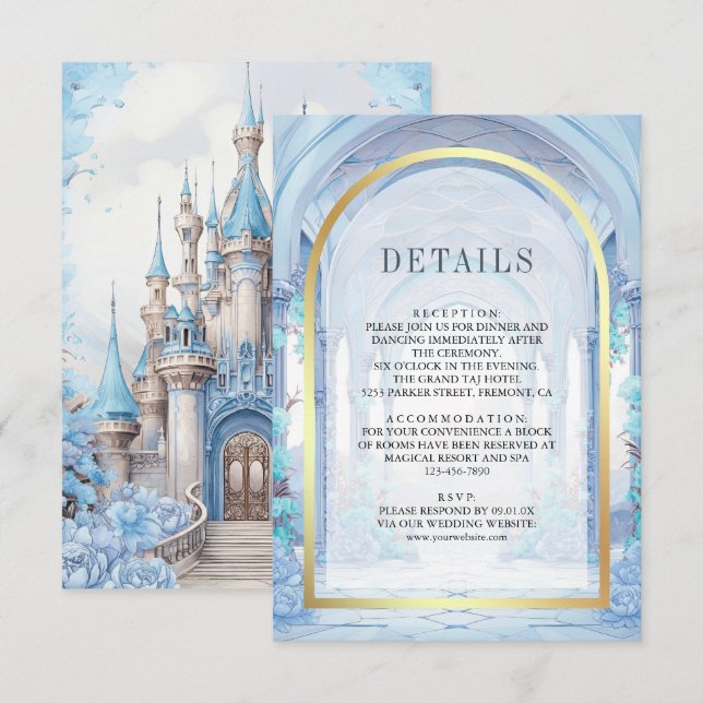Blue Floral Fairytale Castle Wedding Details Begleitkarte (Vorne/Hinten)