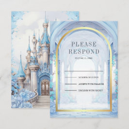 Blue Floral Fairytale Castle Wedding RSVP Karte