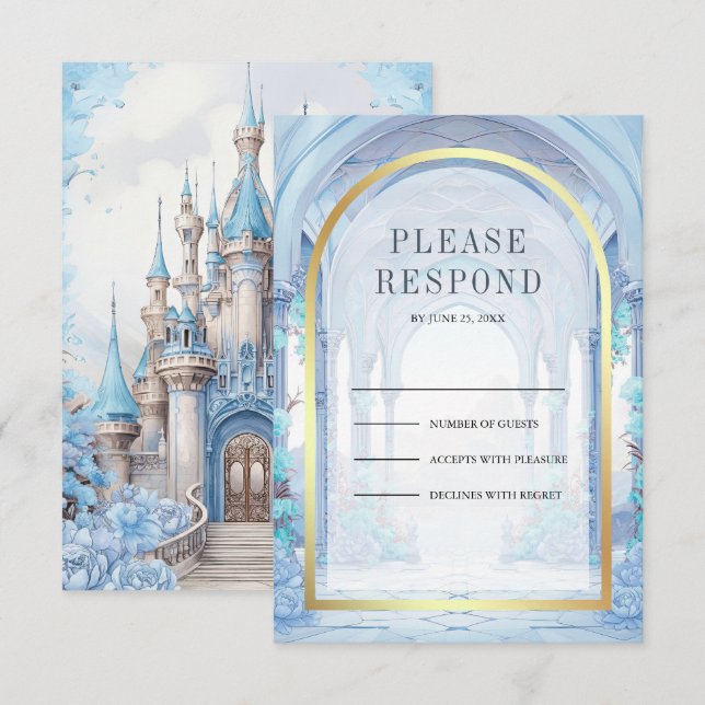 Blue Floral Fairytale Castle Wedding RSVP Karte (Vorne/Hinten)