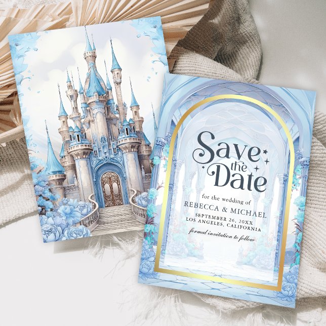 Blue Floral Fairytale Castle Wedding Save The Date (Von Creator hochgeladen)