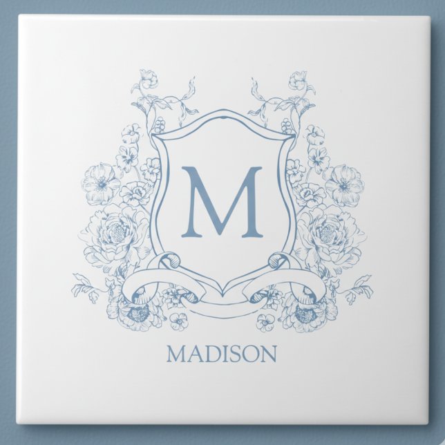 Blue Floral Family Crest Monogram Ceramic Tile Fliese (elegant french provincial blue white family crest monogram commemorative tile)