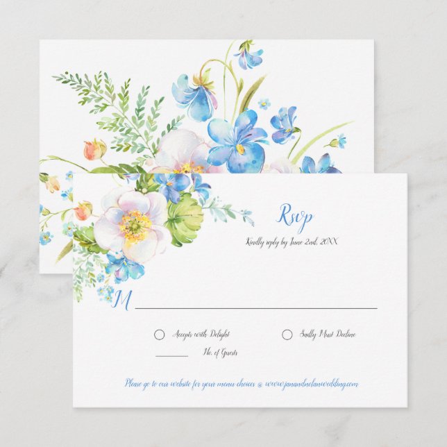 Blue Floral Fantasy Watercolor Floral RSVP Card (Vorne/Hinten)