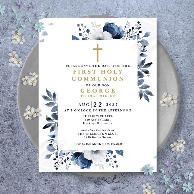 Blue Floral First Heilige Kommune Save the Date Postkarte (Blue Floral First Holy Communion Save The Date Postcard)