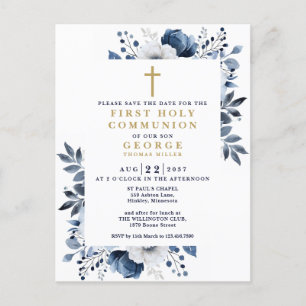 Blue Floral First Heilige Kommune Save the Date Postkarte