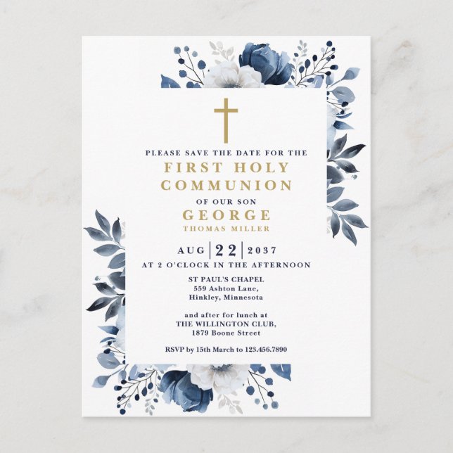 Blue Floral First Heilige Kommune Save the Date Postkarte (Vorderseite)