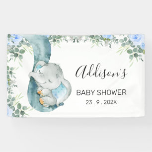 Blue Floral Foliage Elephant Baby Dusche Banner