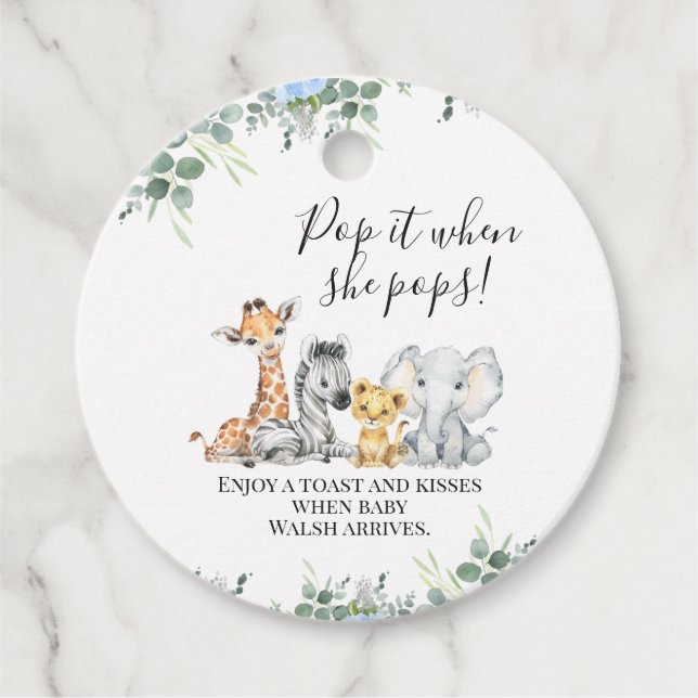 Blue Floral Foliage Safari Baby Dusche Pop It Geschenkanhänger (Vorderseite)