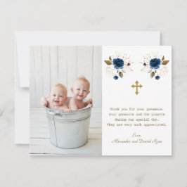Blue Floral Foto Boys Twins Gold Cross Taufe Dankeskarte