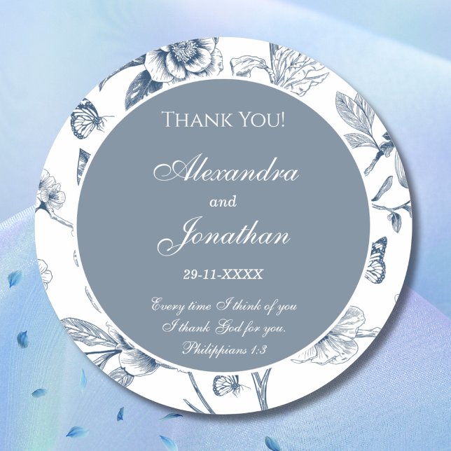 Blue Floral French Christian Wedding Thank You Runder Aufkleber (Von Creator hochgeladen)