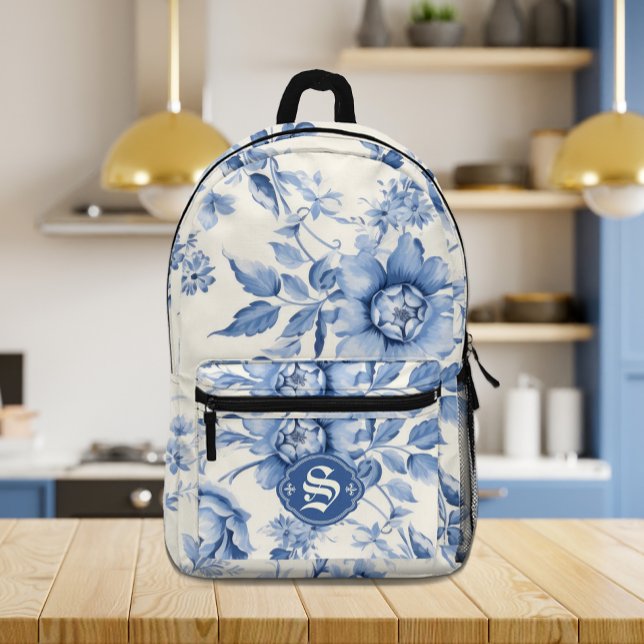 Blue Floral French Toile Chinoiserie Personalisier Bedruckter Rucksack (Blue Floral French Toile Chinoiserie Personalized Printed Backpack)