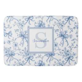 Blue Floral French Toile Monogram Name Badematte