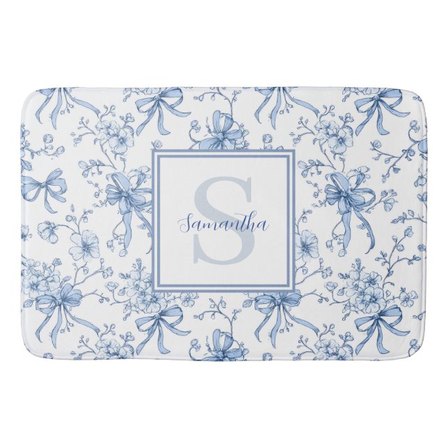 Blue Floral French Toile Monogram Name  Badematte (Vorderseite)