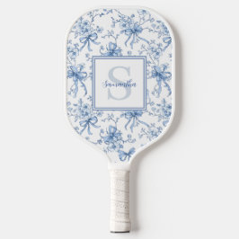 Blue Floral French Toile Monogram Name Pickleball Schläger
