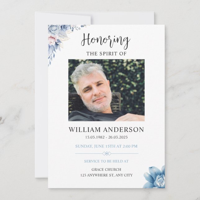 Blue Floral Funeral Invitation Celebration of Life Einladung (Vorderseite)