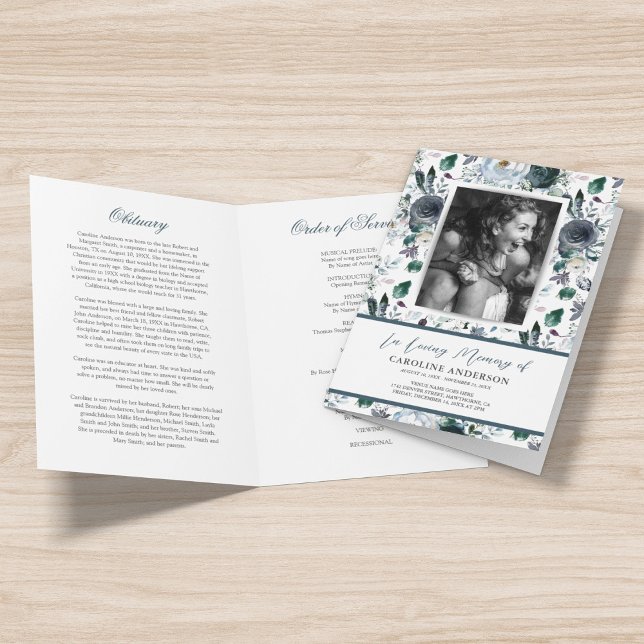 Blue Floral Funeral Order of Service Foto Program Programm (Von Creator hochgeladen)