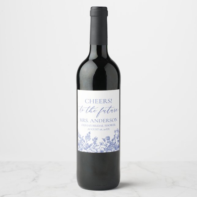 Blue Floral Future Mrs. Bridal Shower Wine Label Weinetikett (Vorderseite)