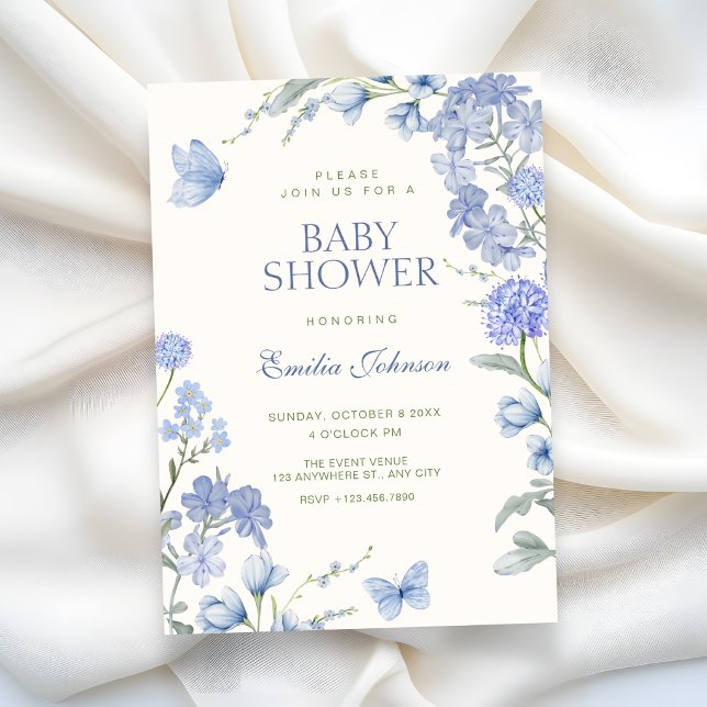 Blue floral garden baby shower einladung (Von Creator hochgeladen)